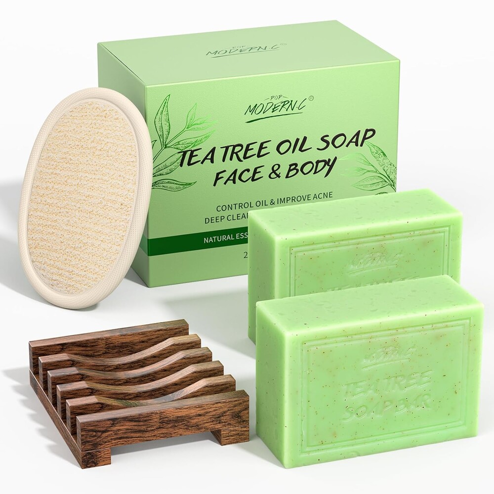 Tea Tree Oil Soap Bar for Face & Body Wash All Natural Organic Bath Soaps Acne Hand Foot Body Oder Moisturizer Plant Deodorant Facial Cleanser Women Men with Soap Holder Bag Scrubber Mesh