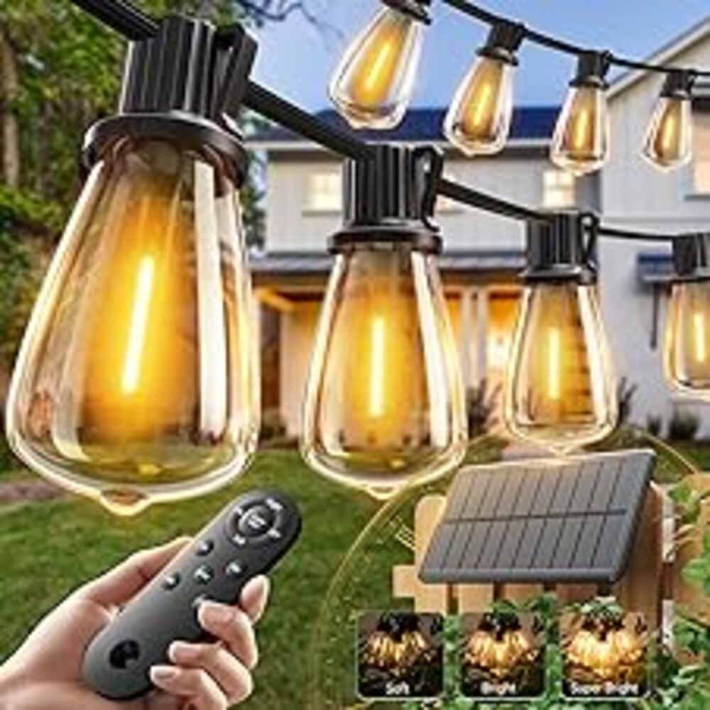addlon 52(48+4) FT Solar String Lights Waterproof,Patio Lights Solar Powered with Remote & USB Port 16+1 LED Shatterproof Bulbs 3 Light Modes, Dimmable Solar Light for Camping Backyard Garden
