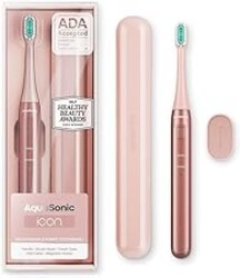 Aquasonic Icon ADA-Accepted Rechargeable Toothbrush | Magnetic Holder & Slim Travel Case | 2 Brushing Modes & Smart Timers | Gentle Micro-Vibrations (Blush)