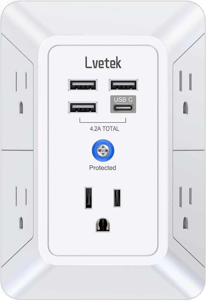 5 Outlet Extender Multi Plug Wall Outlets with 4 USB Charging Ports (1 USB C Outlet), 3 Sided 1680J Surge Protector Power Str