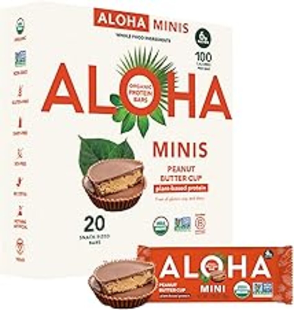ALOHA Organic Plant Based Protein Bar MINIS |Peanut Butter Cup | 20 Count, 24g Bars | Vegan, Low Sugar, Gluten Free, Low Carb, Non-GMO, Stevia Free, Soy Free, No Sugar Alcohols
