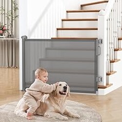 Cideny Retractable Baby Gate for Stairs & Doorways, Mesh Dog Gate Indoor Outdoor, Extends to 55" Wide 34" Tall Child Gate for Hallways, Deck, Porch, Pet Toddler Safety Essentials, Easy Install, Grey