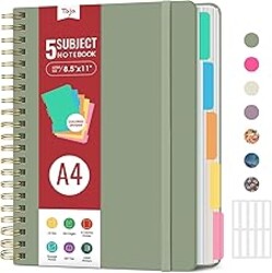 Hardcover Spiral Journal Notebooks for Work With Removable Dividers & Tabs, 8.5"x11" 5 Subject Notebook for Note Taking & Organizer, A4 College Ruled Lined Journal for Women & Writing, Green, 280 Pages