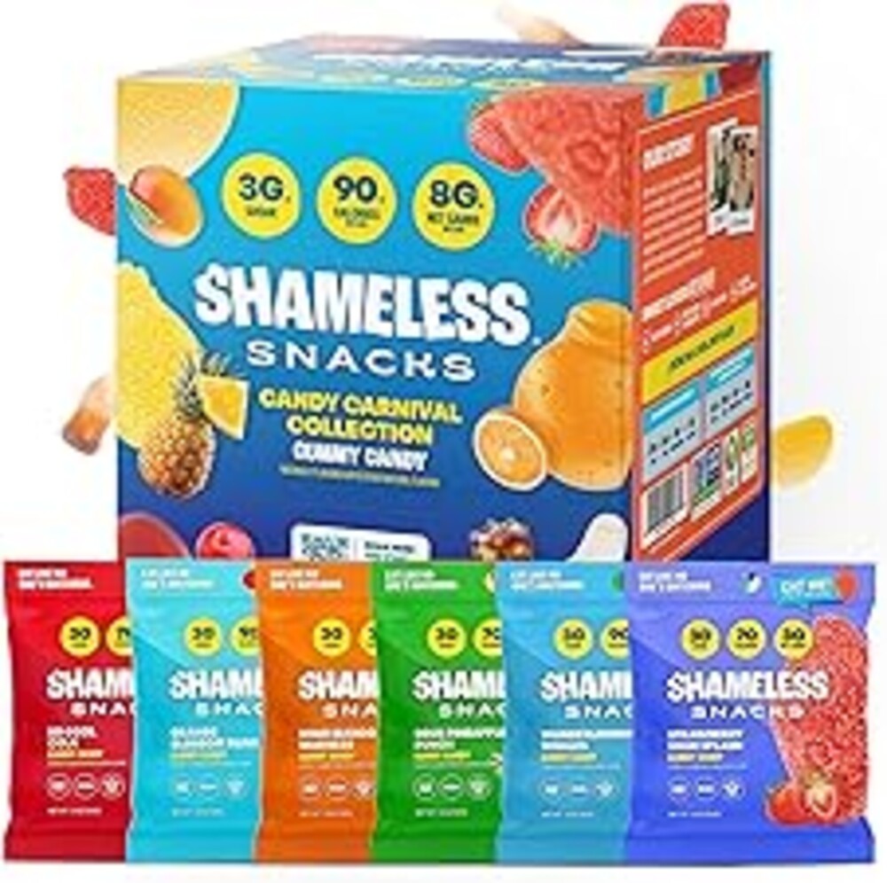 Shameless Snacks Candy Carnival - Healthy Low Sugar Snacks with Pineapple, Mango, Orange, Strawberry & Cola Gummies - Vegan, Gluten-Free, Low-Calorie Candy Variety Pack