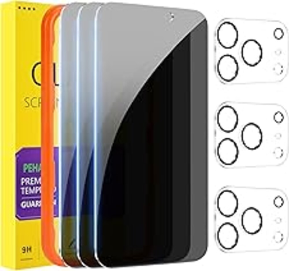 PEHAEL 3+3 Pack for iPhone 17 Pro Max Privacy Screen Protector with Camera Lens Protector Full Coverage Anti-Spy Tempered Glass Film 9H Hardness Easy Installation Bubble Free [6.9 inch]