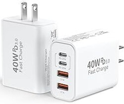 USB C Wall Fast Charger Block, 40W 4-Port Type C Charger Fast Charging Blocks PD Power Charger Adapter+QC 3.0 USB Multiport Charger Brick for iPhone 17/16/15/14/13/12 Pro Max, iPad, Galaxy S25-2Pack