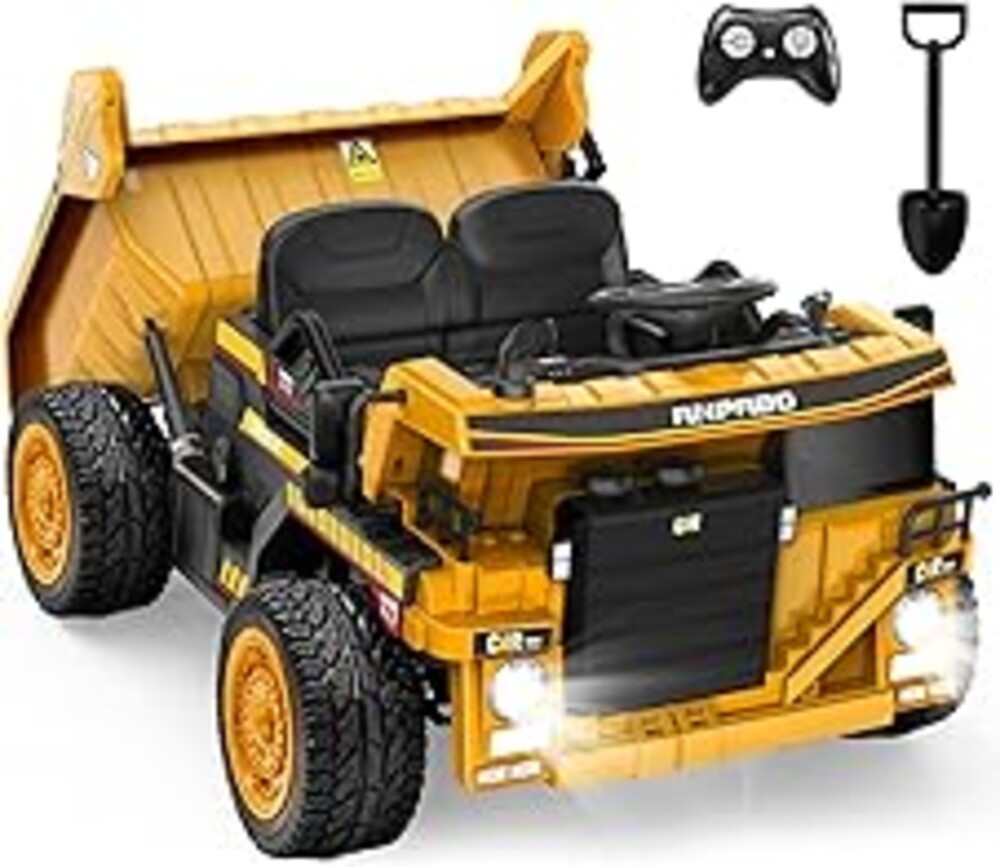ANPABO 24V Ride On Dump Truck, 2X75W Powerful Motors, Up to 4.4Mph, EVA Tires, Construction Vehicle w/Electric Dump Bed and Extra Shovel, 19" Spacious 2 Seater, Kids Car w/Parent Remote -Yellow