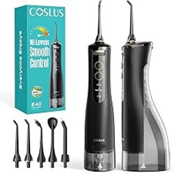 COSLUS E40 Portable Water Flosser for Teeth: 10 Pressure Settings Professional Water Dental Pick for Orthodontic, Braces & Sensitive Gums - Cordless for Travel Use, for Adults Teens, BPA-Free