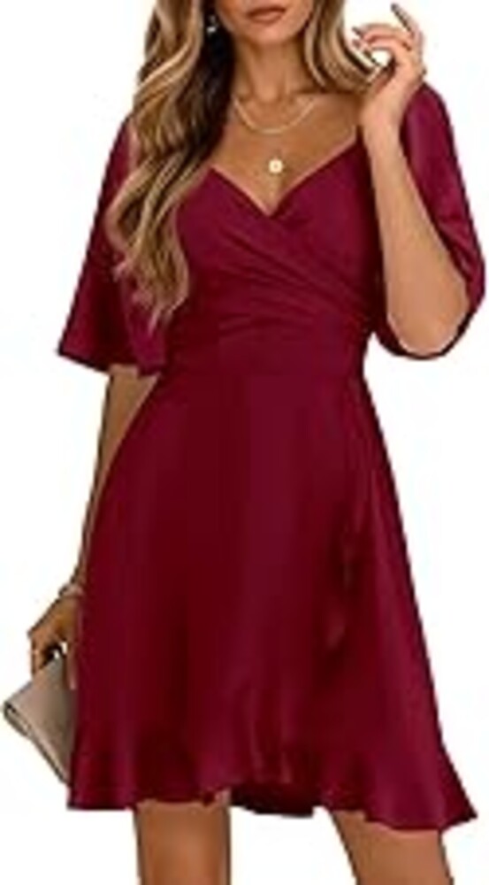 Dokotoo Women's Wrap V Neck Short Flared Sleeve Wedding Guest Dress Smocked Elastic Waist Tiered Belted Ruffle Hem Mini Dress