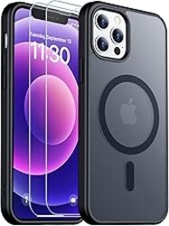 SPIDERCASE for iPhone 12 Case for iPhone 12 Pro Case, Magnetic Translucent Matte Case with 2PCS Tempered Glass Screen Protector Slim Phone Case for iPhone 12/12 Pro 6.1'', Black