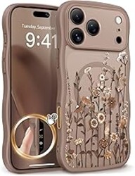 GVIEWIN for iPhone 17 Pro Case Compatible with MagSafe [Curly Wave Edge][Full Camera Protection] Floral Translucent Shockproof Magnetic Women Phone Case for iPhone 17 Pro 6.3'', Floratopia/Brown