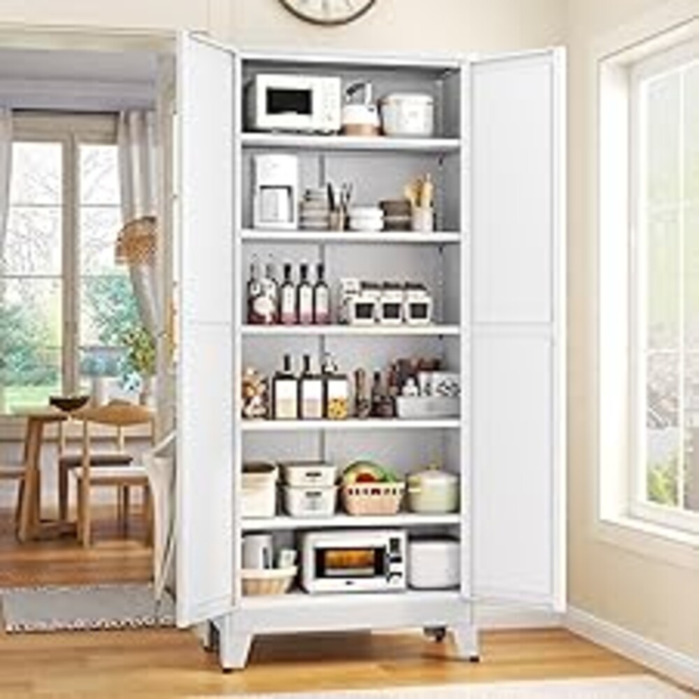 GAIOUS 75.2" Tall Pantry Cabinet,Kitchen Pantry Storage Cabinet with 2 Door | and 5 Adjustable Shelves, White Metal Pantry Storage Cabinet, Cupboard for Kitchen, Dining Room, Living Room and Bathroom