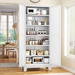 GAIOUS 75.2" Tall Pantry Cabinet,Kitchen Pantry Storage Cabinet with 2 Door | and 5 Adjustable Shelves, White Metal Pantry Storage Cabinet, Cupboard for Kitchen, Dining Room, Living Room and Bathroom