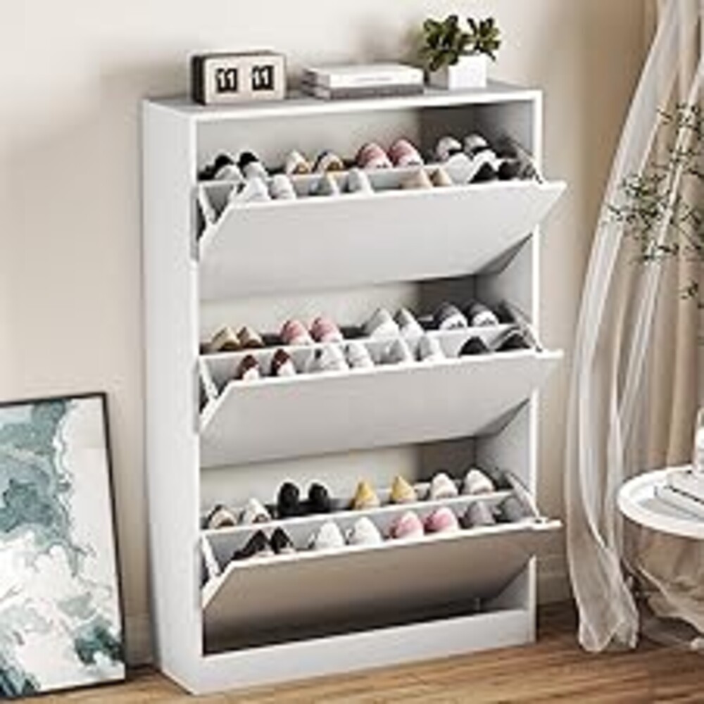 BORNOON Shoe Cabinet with 3 Flip Drawers, Hidden Wood Shoe Cabinet,Freestanding Shoe Storage Cabinet for Entryway Hallway.White. 47.2" H*31.5" W*9.45" D.