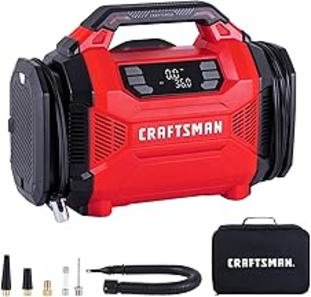 CRAFTSMAN Dual Power Tire Inflator Portable Air Compressor, 12V DC Car Plug & 120V AC Home Use, Up to 150 PSI with Digital Gauge & Auto Shut-Off, LED Light, Air Pump for Cars, Bikes & Inflatables