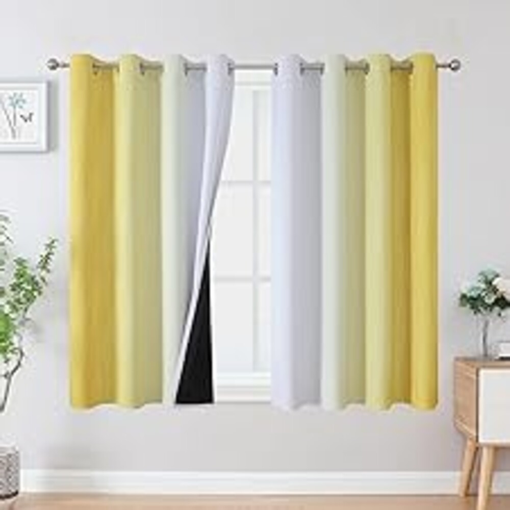 Estelar Textiler Yellow and Greyish White Blackout Curtains 45 Inch Length, Light Blocking Gradient Drapes for Kitchen, Thermal Insulated Grommet Ombre Curtains for Bathroom,52Wx45L,2 Panels