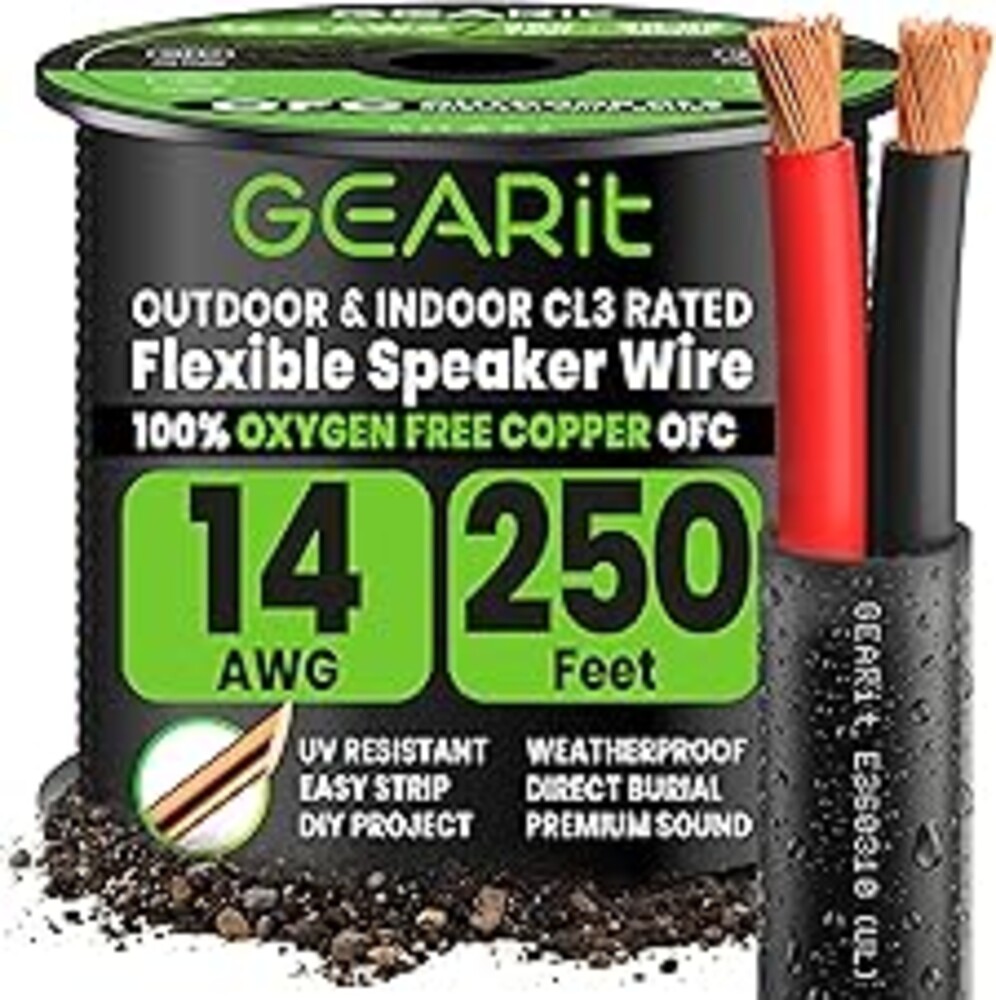 GEARit Speaker Wire 14 Gauge Black Wire 250 ft UL CL3 Rated, Copper Wire with Polarity Mark, Speaker Cable for in-Wall, Home, Car, Outdoor, Garden, Commercial Audio Systems, OFC (Black,2-Conductors)