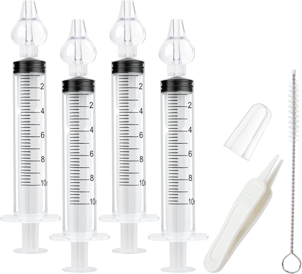 Aolso Baby Nasal Irrigator, 4PCS Nasal Syringe for Baby, Syringe Nasal Irrigator with Tweezers & Cleaning Brush, Baby Nasal Aspirator with Silicone Nasal Suction Tips Portable Baby Nasal Syringe