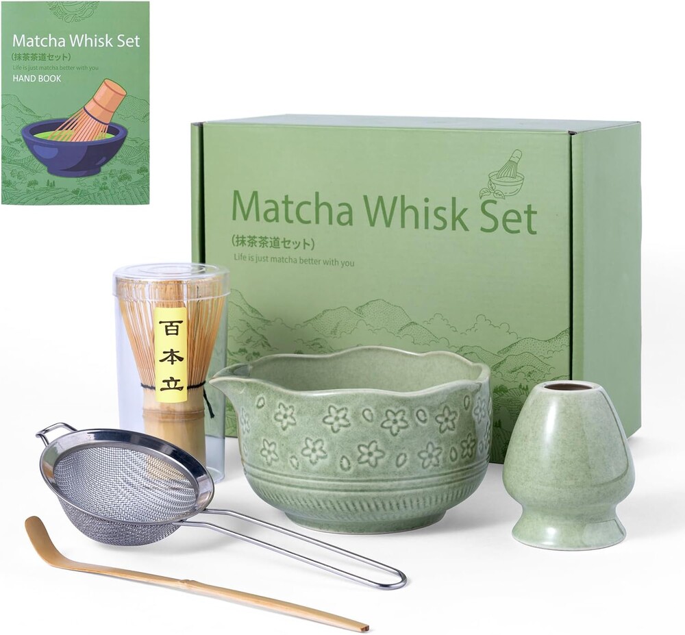 Matcha Whisk Set,5 Pcs Matcha Kit includes 18OZ Ceramic Bowl with Spout,Bamboo Whisk,Holder,Bamboo Scoop, Stainless Sifter for Matcha Lovers or Beginners