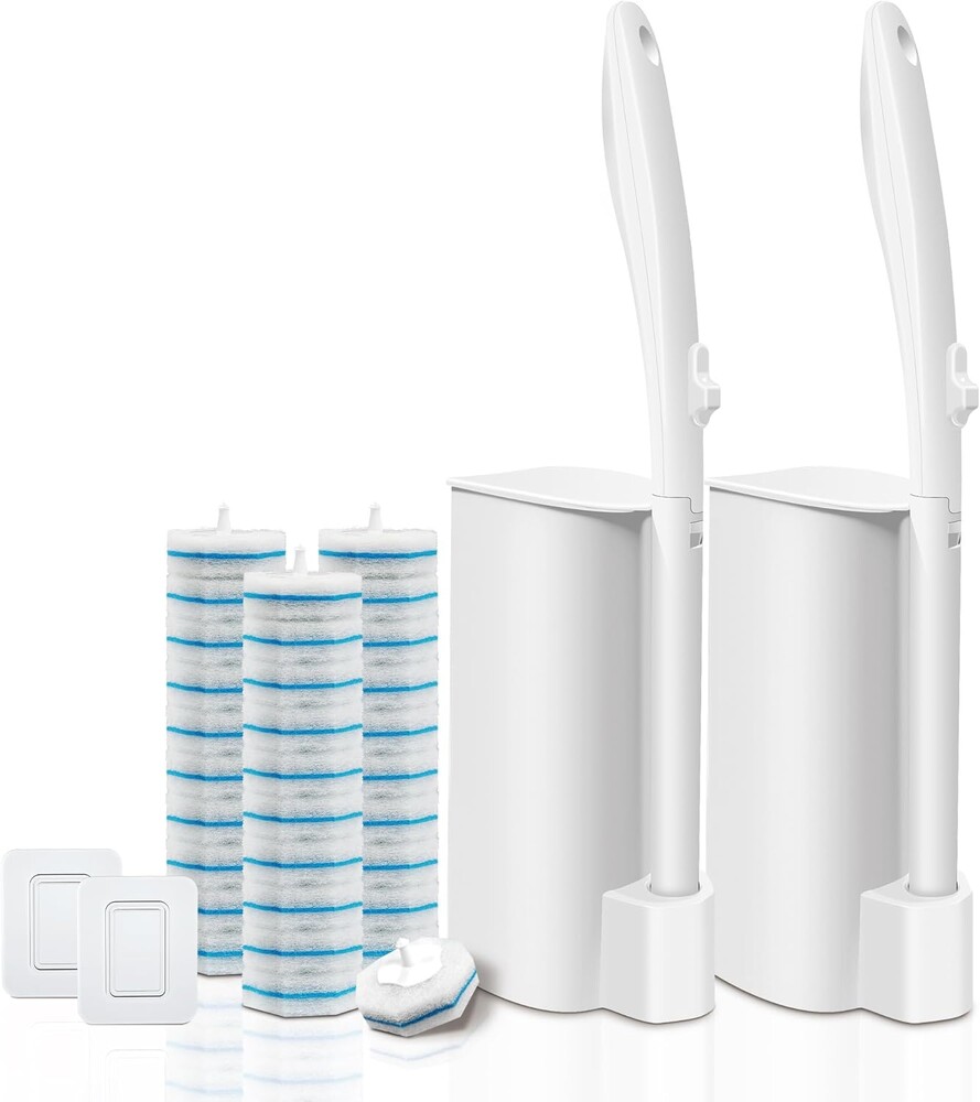 Disposable Toilet Brush with 30 Brush Heads, 3-in-1 Toilet Cleaning System Set-2 Ergonomic Toliet Wand, 2 Compact Holder, 30 Pre-Filled Cleaning Solution Refills for Deep Scrub Toilet. 2 Pack.