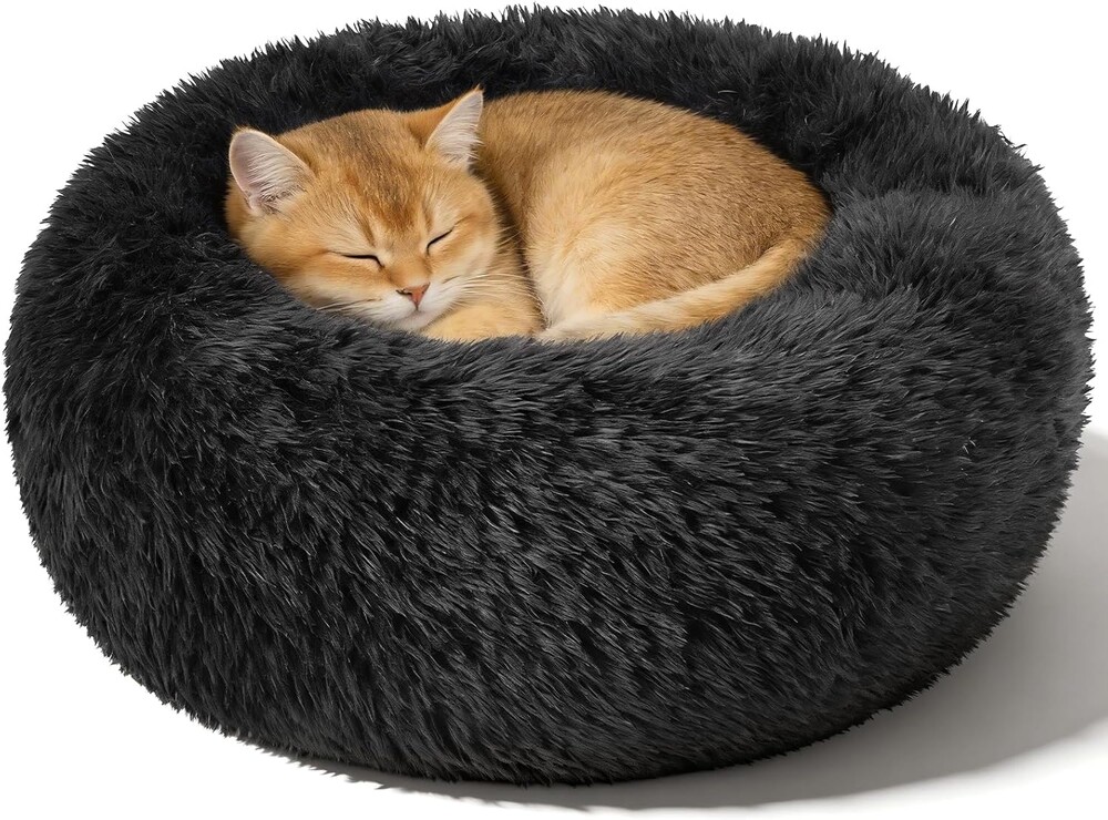 Dog Calming Beds for Small Medium Large Dogs - Round Donut Washable Puppy Dog Bed, Anti-Slip Faux Fur Fluffy Donut Cuddle Anxiety Cat Pet Bed(20" Black
