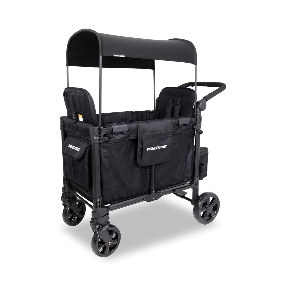 WONDERFOLD W2 Elite Pro Stroller Wagon (2 Seater) - Collapsible Wagon Stroller with Seats with 5-Point Harnesses, Adjustable Push Handle, and Adjustable Sun Canopy, Jet Black