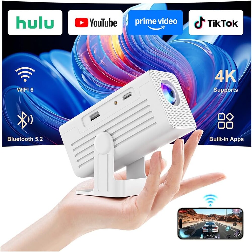 [Smart Projector with Apps] 4K Supported Mini Projector with Wifi and Bluetooth, XENPONAD Movie Projector for Bedroom Celling Camping & Outdoor Use, Portable Projector with Speaker, Auto Keystone
