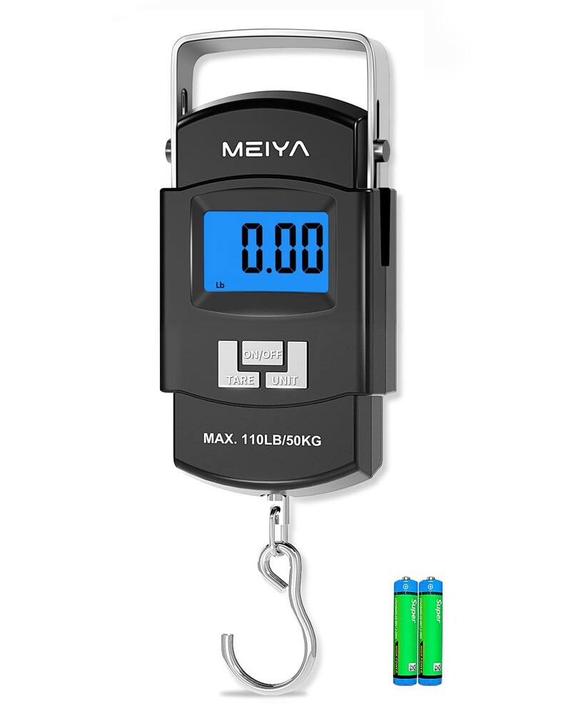 MEIYA Fish Scale 110lb/50kg Digital Fishing Scale with Backlit LCD, Portable Handle, Stainless Steel Hook & 2 AAA Batteries – Reliable Fishing Gear & Great Fishing Gifts for Men