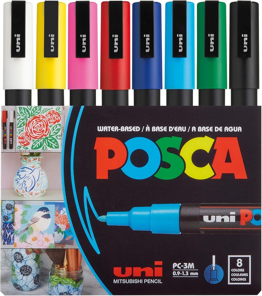 Uni Posca Paint Markers, 3M Fine Point Acrylic Paint Pens with Reversible Tips, Art Supplies For Gifts, Decorations Fabric, Metal, Glass, Wood and Canvas, 8 Pack
