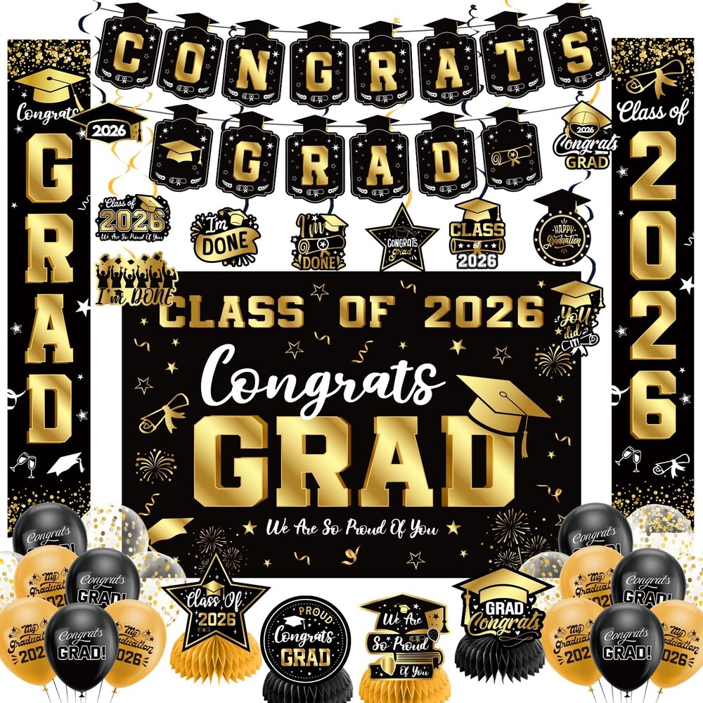 Graduation Decorations 2026 Set Black Gold, Congrats Grad Decor Set with Banner Backdrop Porch Sign,Hanging Swirls Honeycomb Centerpieces Balloons for Grad Party Decorations(Gold)