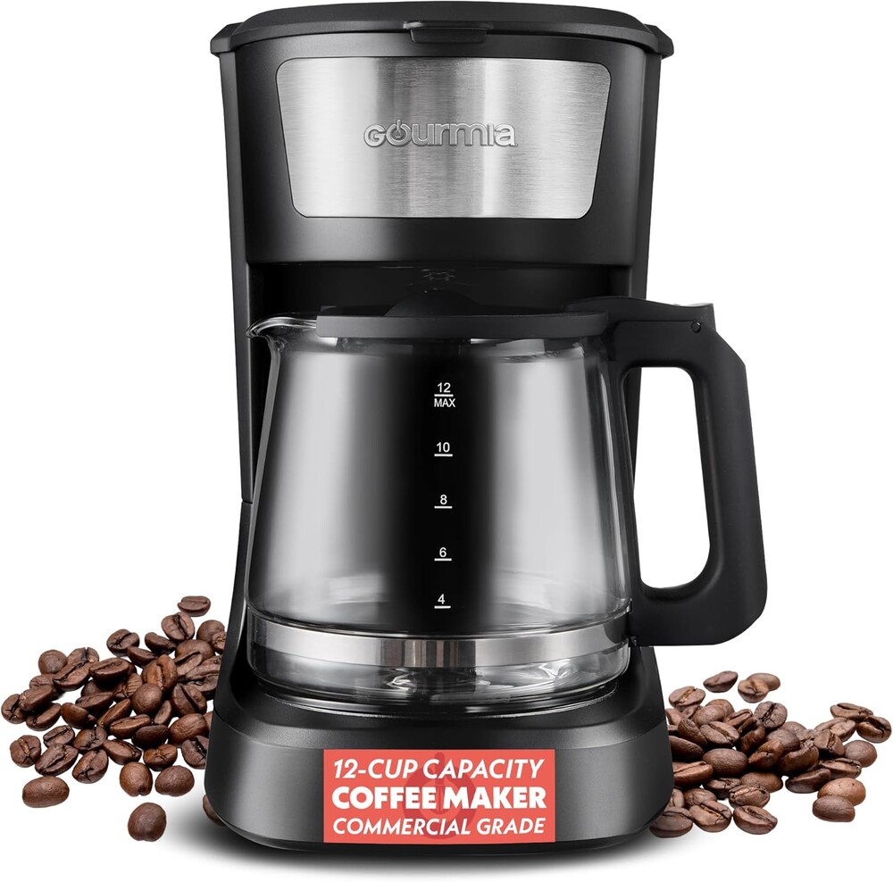 Gourmia 12 Cup One-Touch Coffee Maker – Pause and Serve with Automatic Keep Warm, Easy View Water Window, Compact Design, Stainless Steel Accents, Black