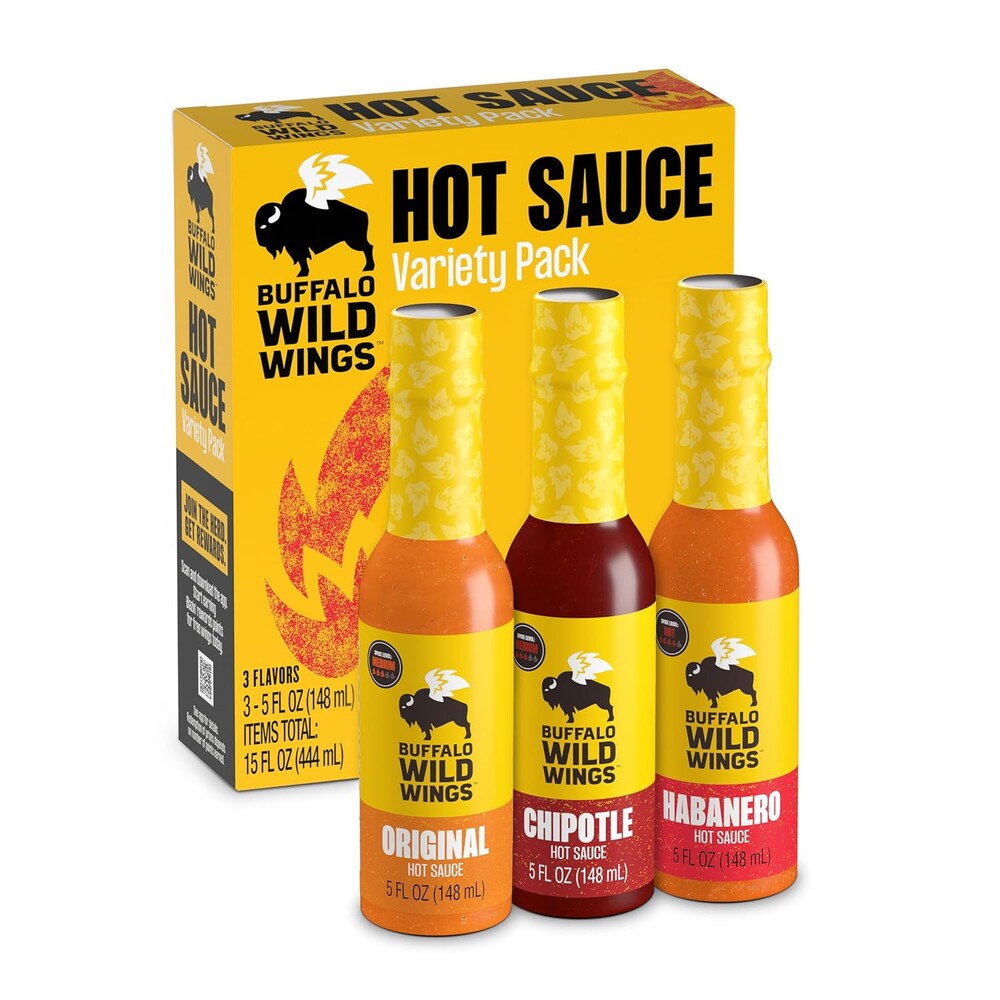 Buffalo Wild Wings Hot Sauce Gift Pack, Includes Classic, Habanero, and Chipotle Hot Sauces, 5 fl oz Bottles, Marinade, and Seasoning for Chicken Wings and Pork Ribs