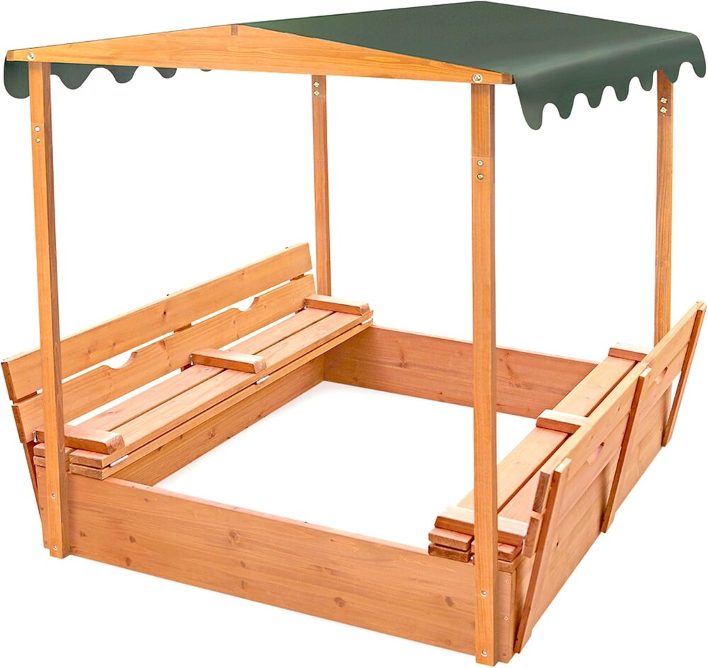 Badger Basket Cedar Sandbox for Kids with Canopy & Benches - Outdoor Convertible Wooden Sandbox with Lid, UV Shade & Built-In Seating - Backyard Playset (46.5 x 46.5 x 57)