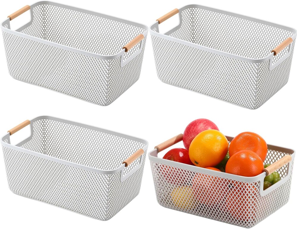 Ziliny 4 Pcs Plastic Mesh Baskets with Handles - Mesh Storage Hanging Organizer Bin Container Baskets for Home Organizing Pantry Closet Cabinet Kitchen Fridge Fruit Snacks Gifts, Grey(Large)