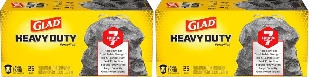 Glad ForceFlex Heavy Duty Large Trash Bags, Hold 80+ lb, 30 Gal, 25 Count, (Pack of 2), (Package May Vary)