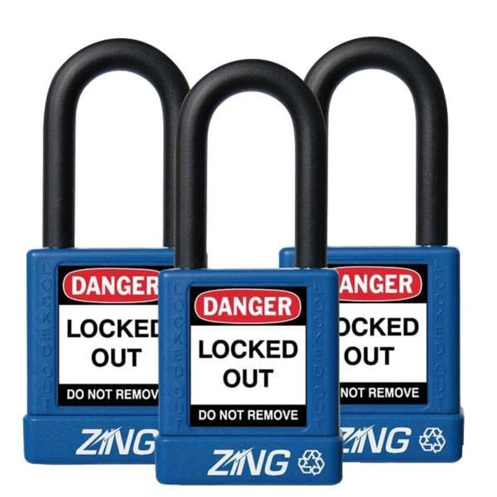 Zing Green Products 7064 RecycLock Safety Padlock, Keyed Alike, Blue, 1-1/2" Shackle, 1-3/4" Body, Pack of 3
