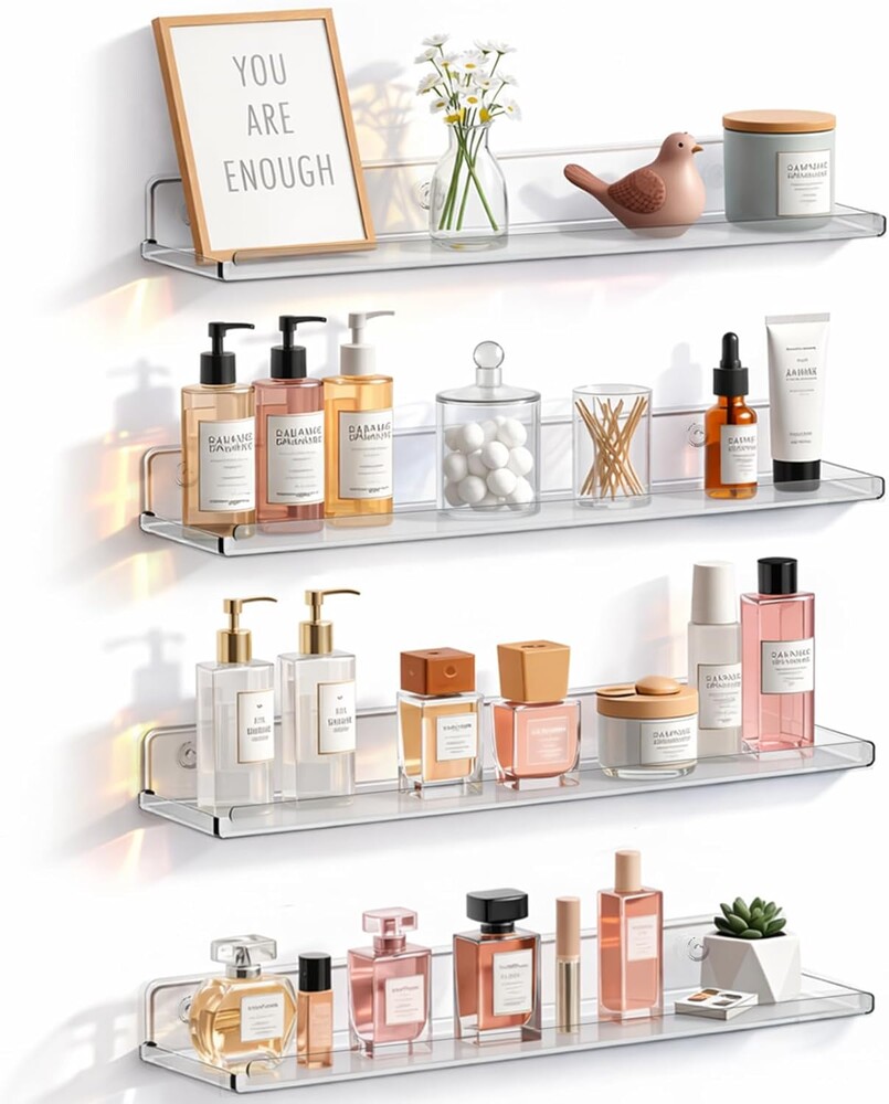 Lifewit Floating Shelves for Bathroom, Acrylic Wall Organizer for Perfume, Makeup, Figures, Nail Polish, Photo, Book, 14" Decor Display Rack for Nursery, Living Room, Bedroom, Kitchen, Clear, 4 Pack