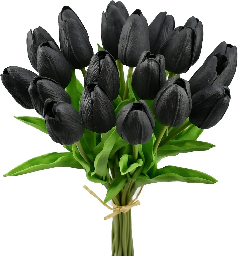 Mandy's Black Artificial Tulips Flowers Centerpiece, 13.5" Lifelike PU Fake Floral Stems 20pcs for Kitchen Island & Dining Table, Spring Decor for Easter