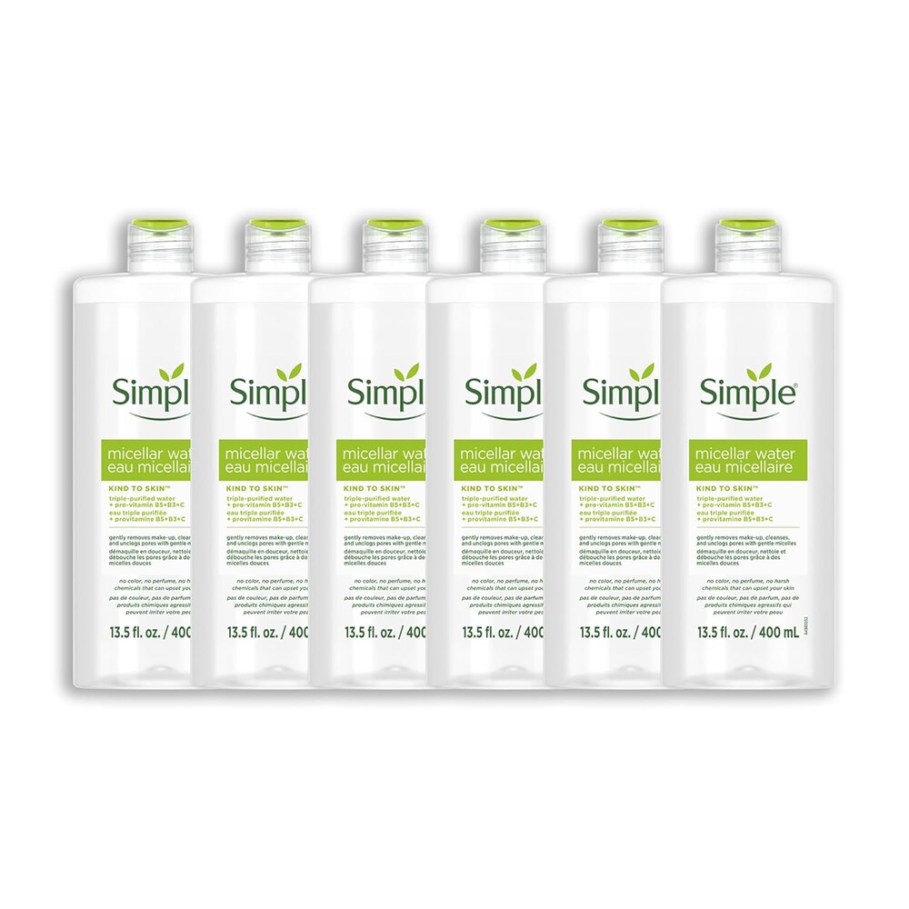 Simple Kind To Skin Micellar Water - Makeup Remover and Facial Cleanser - Face Cleanser with Pro-Vitamin B5, B3 and C - Vegan, No Perfumes - 6 pc