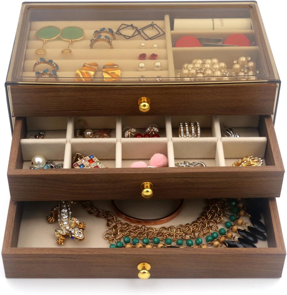 Acrylic Jewelry Organizer with Velvet Lining & Wood Drawer - Adjustable Compartments for Earrings, Rings, Necklaces, Bracelets, Lipstick | Stackable Makeup Storage Case (Beige)