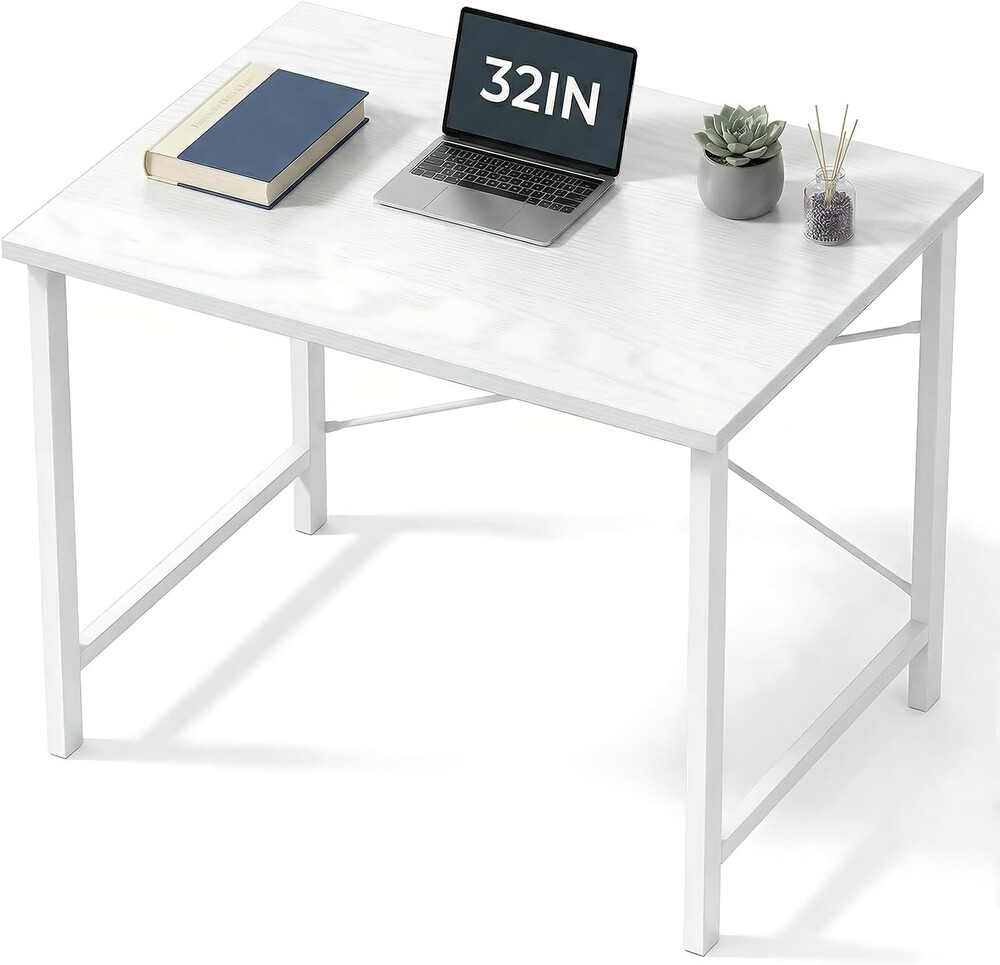 Sweetcrispy Computer Desk, Small Office 32 Inch Writing Work Study Student Teacher Home Bedroom Table with Metal Frame Wood Tabletop - White
