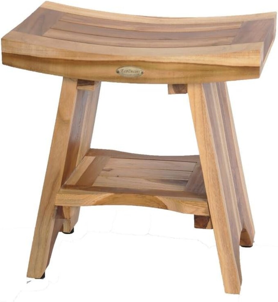 EcoDecors EarthyTeak Serenity 18 in. Eastern Style Shower Stool with Shelf ED961