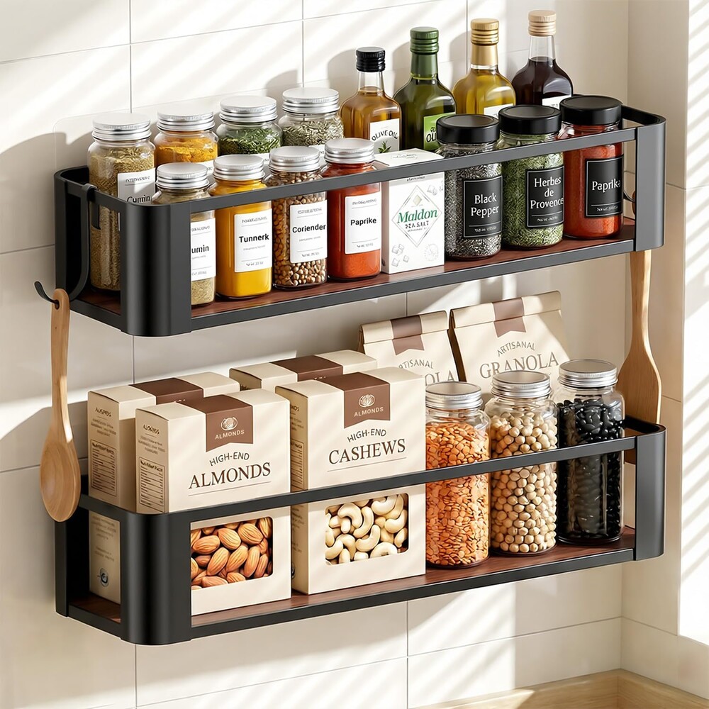2 Pack Wall Mounted Spice Rack with 2 Hooks, Spice Organizer Shelf for Stove Cabinet Pantry Door, Screw or Adhesive Spice Shelf Hanging Wall Spice Rack in Kitchen and RV (Black, 2 Pack)