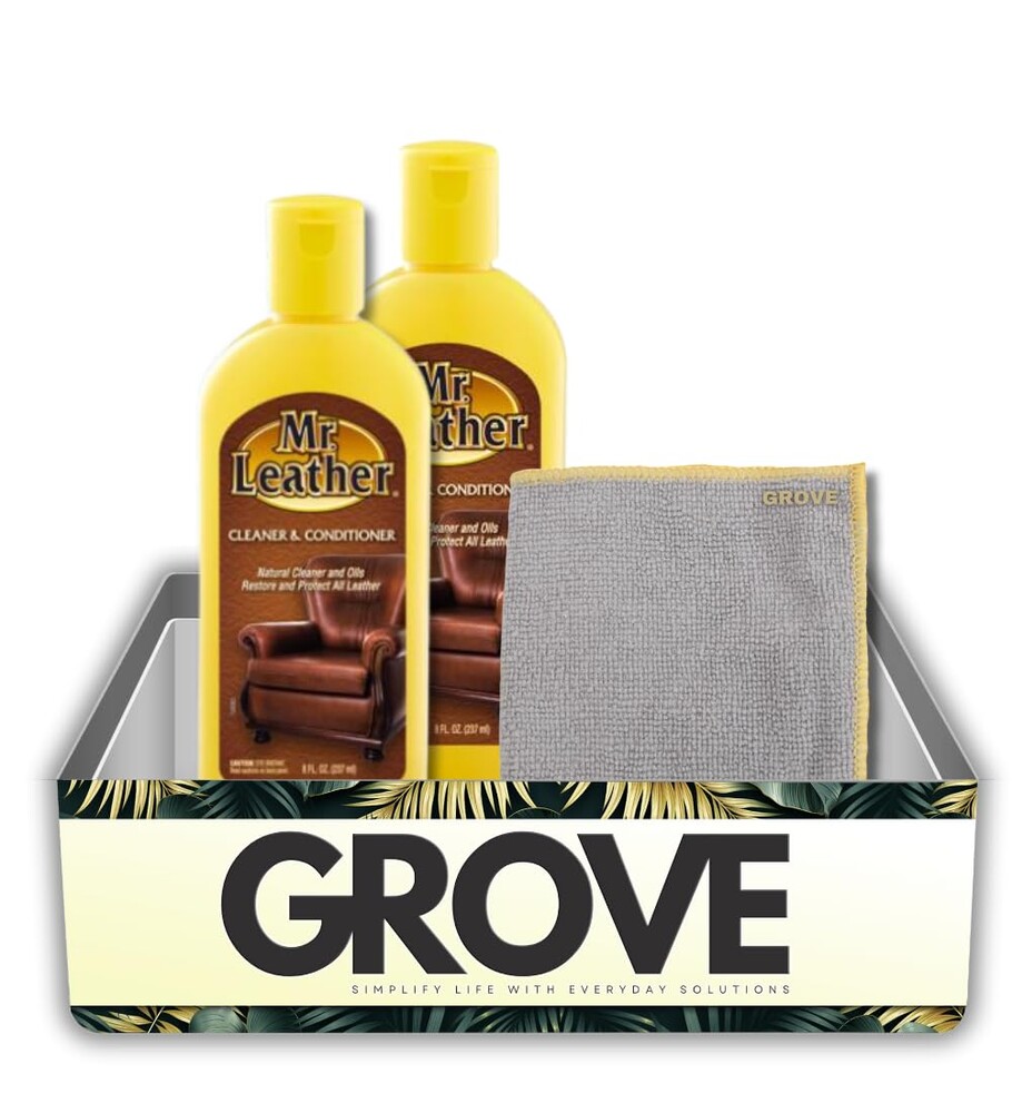 GROVE Mr. Leather Original Scent Cleaner and Conditioner 8 oz Liquid 2x Bundle with Microfiber Towel – Cleans, Conditions, and Preserves Leather Surfaces – Gift Set (3 Items)