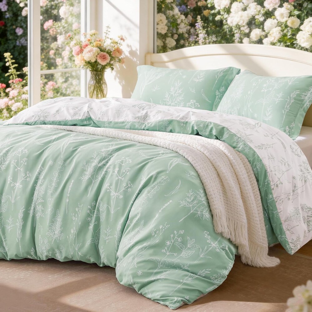 Love's cabin Sage Green Comforter Set Queen - Queen Size Comforter Set, 3 Pieces Cute Floral Bedding Sets for All Seasons,1 Soft Reversible Botanical Flowers Comforter and 2 Pillow Shams