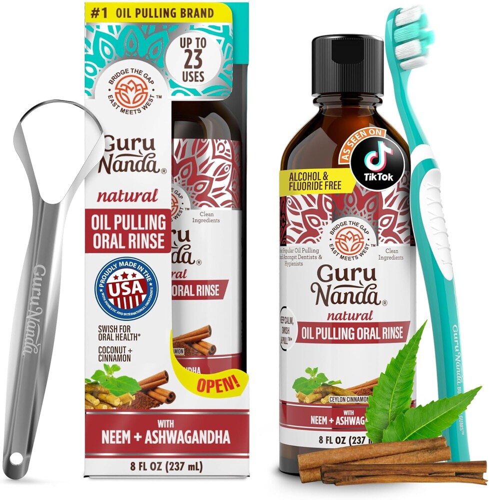 GuruNanda Cinnamon Oil Pulling Mouthwash, Promotes Calmness, with Neem & Ashwagandha for Fresh Breath & Happy Gums, Alcohol-Free, with Toothbrush & Tongue Scraper, 8 Oz