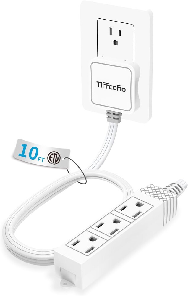 TiFFCOFiO Flat Plug Outlet Strip, 10 Feet Extension Cord 3 Prong, 3 Grounded Outlets with Mounting Holes, 13A/1625W, 16 AWG
