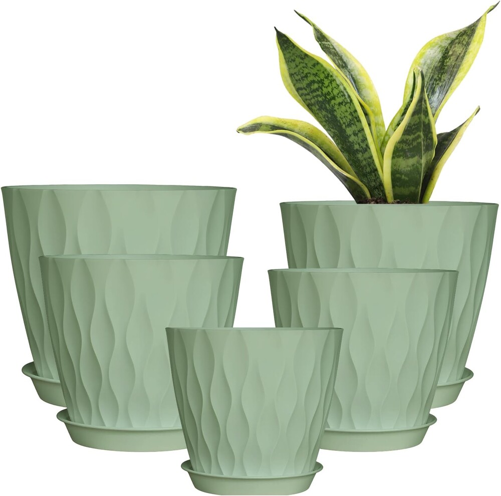 Vanslogreen Plastic Flower Pots, 8/7/6/5/4 Inch Plant Pots with Drainage Holes, Plastic Planters for Indoor Outdoor Plants, 5 Pack Nursery Planting Pot for Garden Office Home Decor (Green, 8/7/6/5/4)