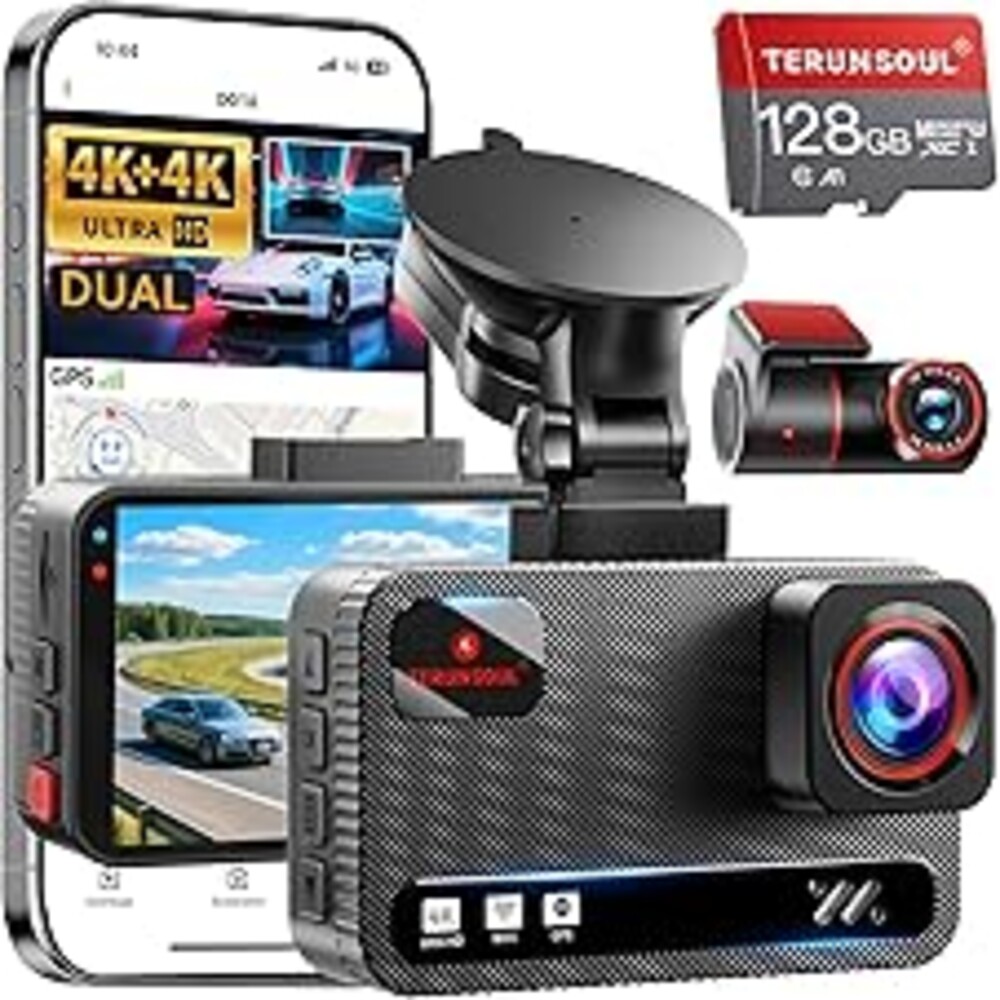 TERUNSOUl 4K+4K Dash Cam Front and Rear, Free 128GB Card Included, 5.8GHz WiFi Dash Camera for Cars, Built-in GPS, G-Sensor, 170°Wide Angle, 3" IPS Screen, 24H Parking Mode, Support 512GB Max