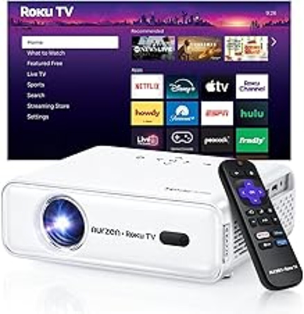 Aurzen Roku TV Smart Projector with Wifi and Bluetooth, Roku Streaming Experience Built-in, 1080P FHD, DoIby Audio, Auto Focus & Keystone, Zoom, Movie Portable Outdoor Mini Projector, White